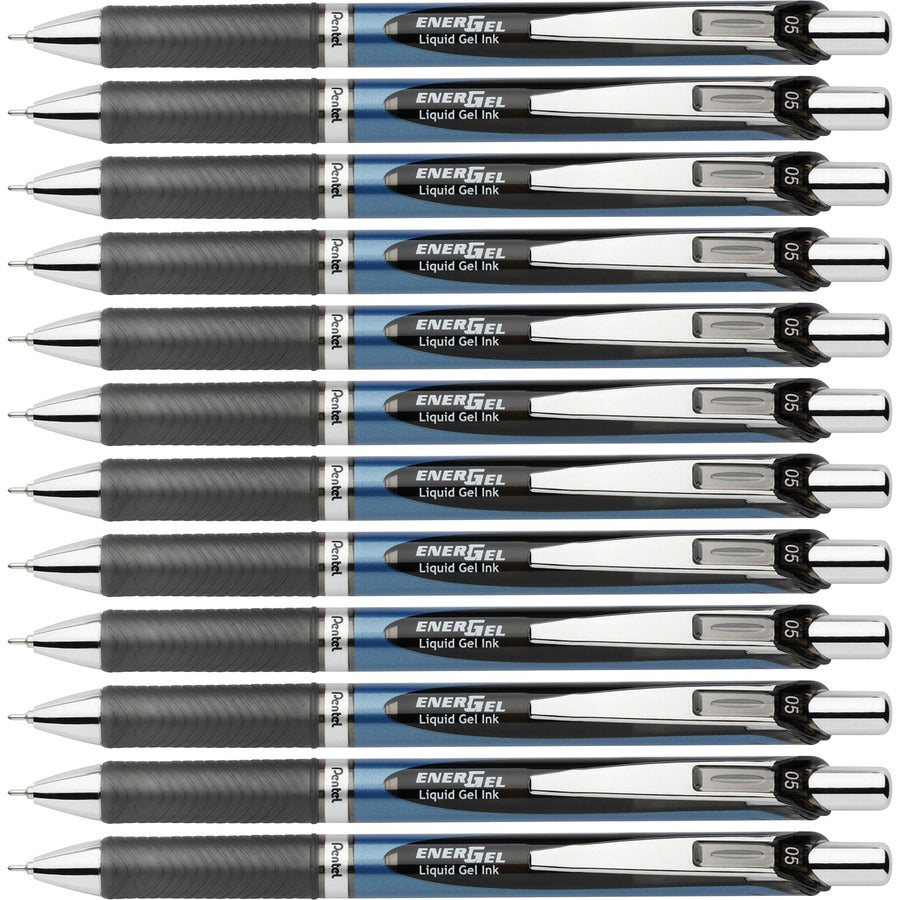 EnerGel EnerGel RTX Liquid Gel Pens - Refillable - Retractable - Black Ink - Gel-based - Blue Barrel - Stainless Steel Tip - 12 / Box