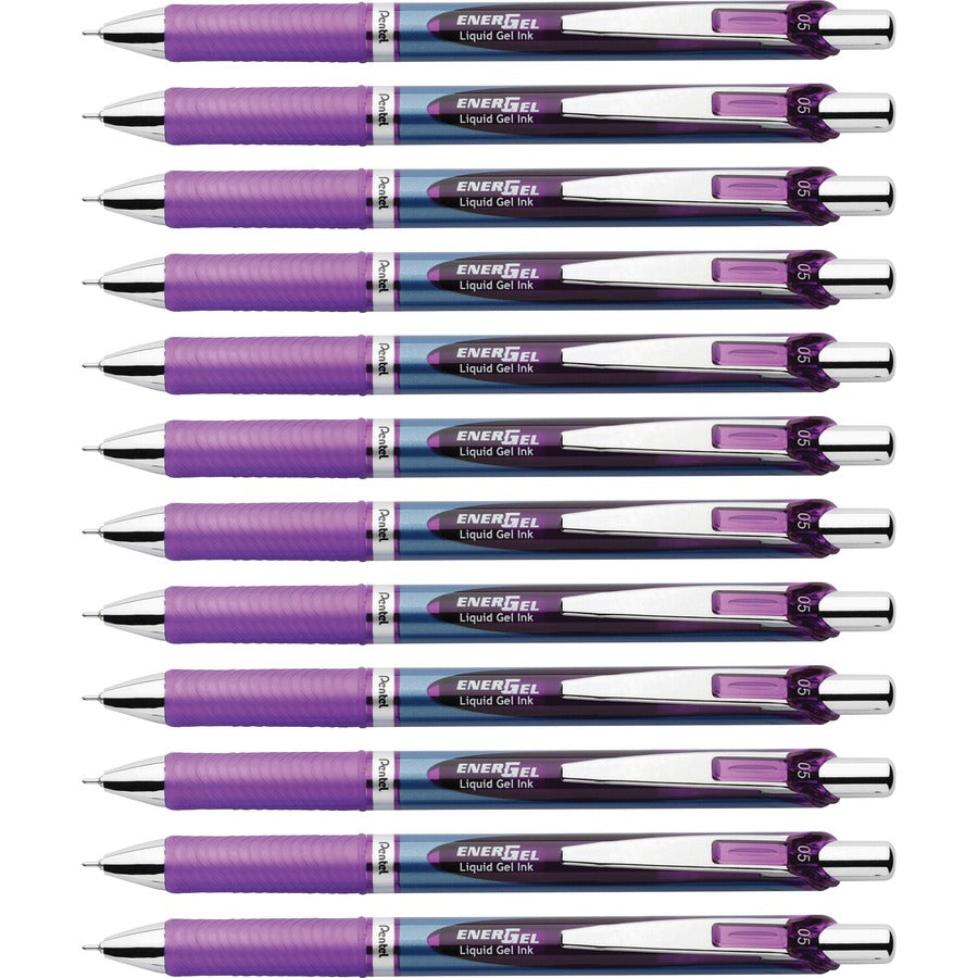 EnerGel EnerGel RTX Liquid Gel Pens - Refillable - Retractable - Violet Ink - Gel-based - Blue Stainless Steel Barrel - Metal Tip - 12 / Dozen