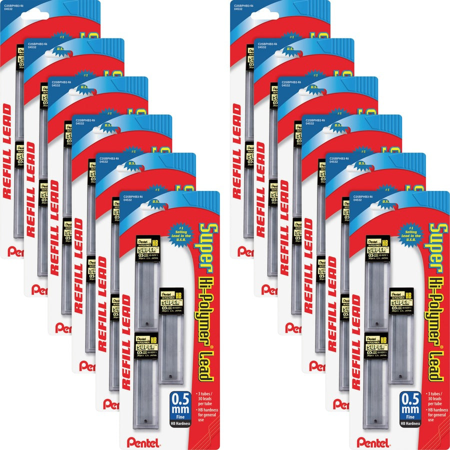 Pentel Super Hi-Polymer Leads - 0.5 mm , Fine Point - HB - Graphite Lead - 30/Tube - 12 / Box