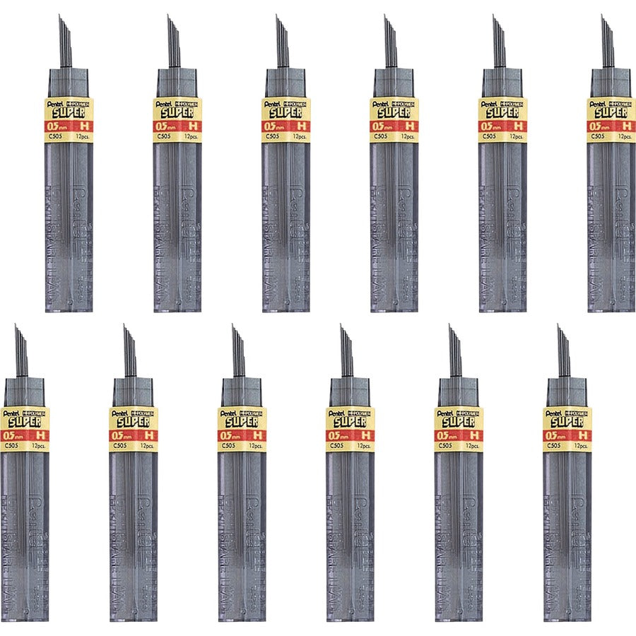 Pentel Super Hi-Polymer Leads - 0.5 mm , Fine Point - H - Black Lead - 12/Tube - 12 / Box
