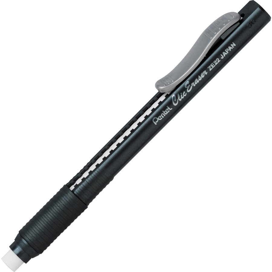 Pentel Rubber Grip Clic Eraser - Black - Black Barrel - Pen - Refillable - 12 / Box - Retractable, Latex-free Grip, Ghost Resistant, Pocket Clip