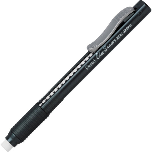 Pentel Rubber Grip Clic Eraser - Black - Black Barrel - Pen - Refillable - 12 / Box - Retractable, Latex-free Grip, Ghost Resistant, Pocket Clip