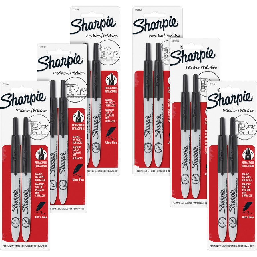 Sharpie Retractable Ultra-Fine Point Permanent Markers - Retractable - Black Ink - 2/Pack - 6 / Box