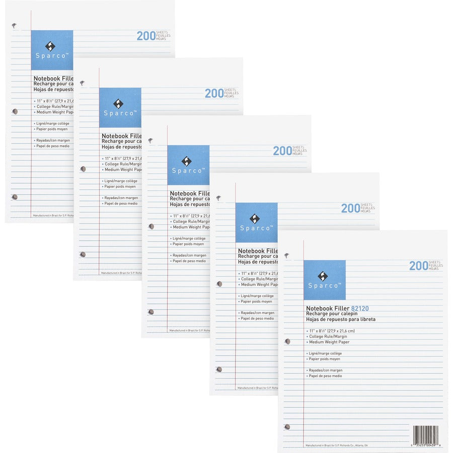 Sparco Notebook Filler Paper - Letter - 100 Sheets - Ruled Red Margin - 16 lb Basis Weight - Letter - 8 1/2" x 11" Sheet Size - White Paper - Subject - 100/Pack - 10 / Bundle