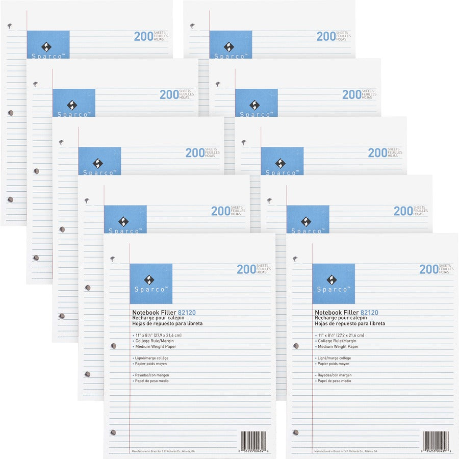 Sparco Notebook Filler Paper - Letter - 200 Sheets - Ruled Red Margin - 16 lb Basis Weight - Letter - 8 1/2" x 11" Sheet Size - White Paper - Subject - 200/Pack - 10 / Bundle