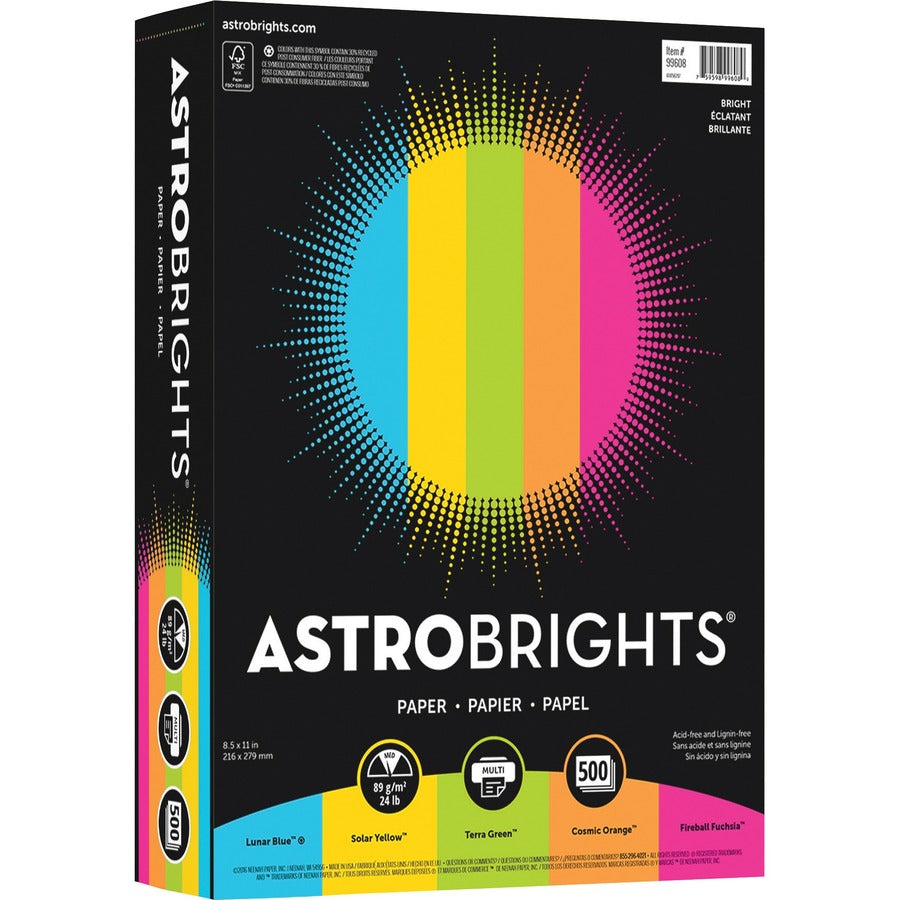 Astrobrights Bright Assortment Paper - Letter - 8 1/2" x 11" - 24 lb Basis Weight - Smooth - Lunar Blue, Terra Green, Cosmic Orange, Solar Yellow, Fireball Fuschia - 500 / Pack