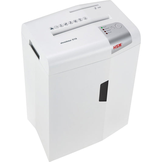 HSM shredstar X10 - 3/16" x 1 1/8" + Sep. CD Cutting Unit - Particle Cut - 10 Per Pass - for shredding CD, DVD, Paper, Staples, Paper Clip, Credit Card - 0.187" x 1.125" Shred Size - P-4/O-1/T-2/E-2/F-1 - 8.66" Throat - 5.30 gal Wastebin Capacity - White