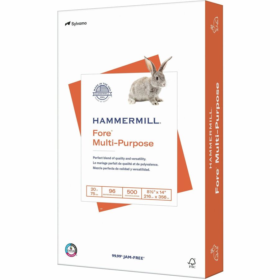 Hammermill Fore Multipurpose Copy Paper - White - 96 Brightness - Legal - 8 1/2" x 14" - 20 lb Basis Weight - Acid-free - White - 500 / Ream