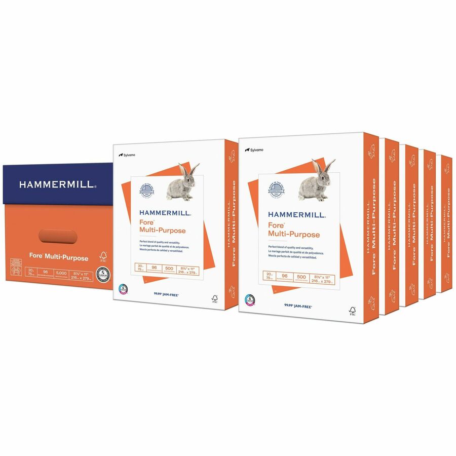 Hammermill Fore Multipurpose Copy Paper - White - 96 Brightness - 90% Opacity - Letter - 8 1/2" x 11" - 20 lb Basis Weight - Smooth - Acid-free, Double-sided, Jam-free - White - 500 Sheets - 10 / Carton