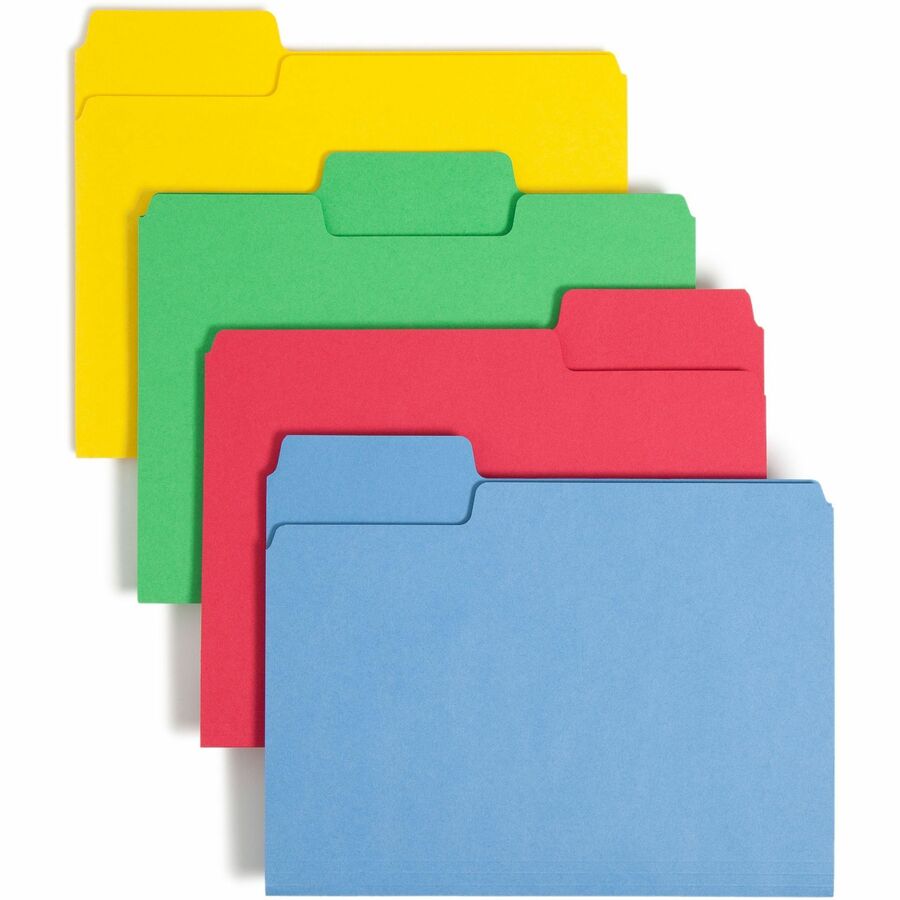 Smead SuperTab 1/3 Tab Cut Letter Top Tab File Folder - 8 1/2" x 11" - Assorted Tab Position - 11 pt. - Blue, Green, Red, Yellow - 10% Recycled - 24 / Pack