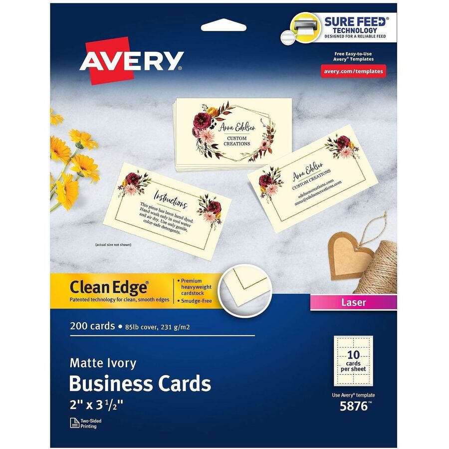 Avery&reg, Business Cards, Ivory, True Print(R) Two-Sided Printing, 2" x 3-1/2" , 200 Cards - 58 Brightness - A4 - 8 1/2" x 11" - 85 lb Basis Weight - 231 g/m², Grammage - Matte - Heavyweight, Rounded Corner, Avery Clean Edge Technology, Smooth Edg...