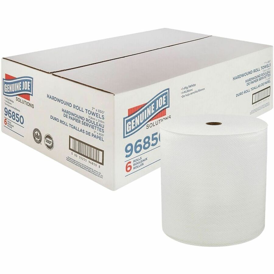 Genuine Joe Solutions Hardwound Paper Towels - 1 Ply - 7" Width x 850 ft Length - White - 65 / Pallet