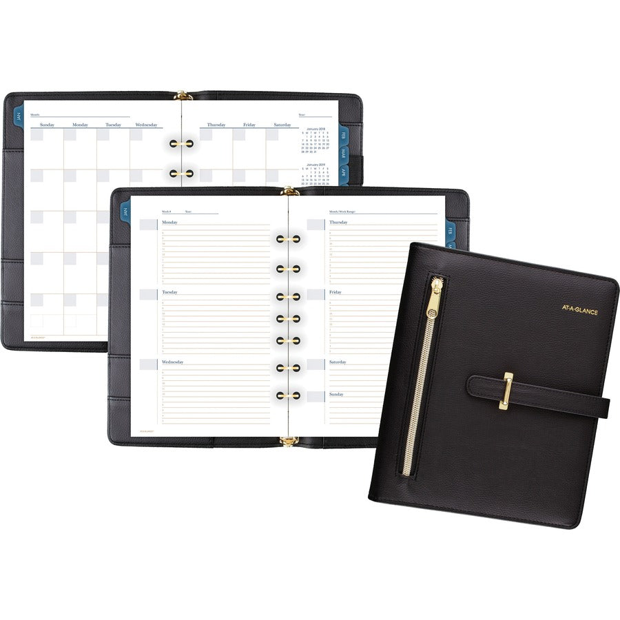 At-A-Glance Buckle Closure Undated Desk Start Set - Julian Dates - Weekly, Monthly - 8:00 AM to 5:00 PM - 1 Month, 1 Week Double Page Layout - 5 1/2" x 8 1/2" Sheet Size - 7-ring - Desk - Black - Faux Leather - 1 Each