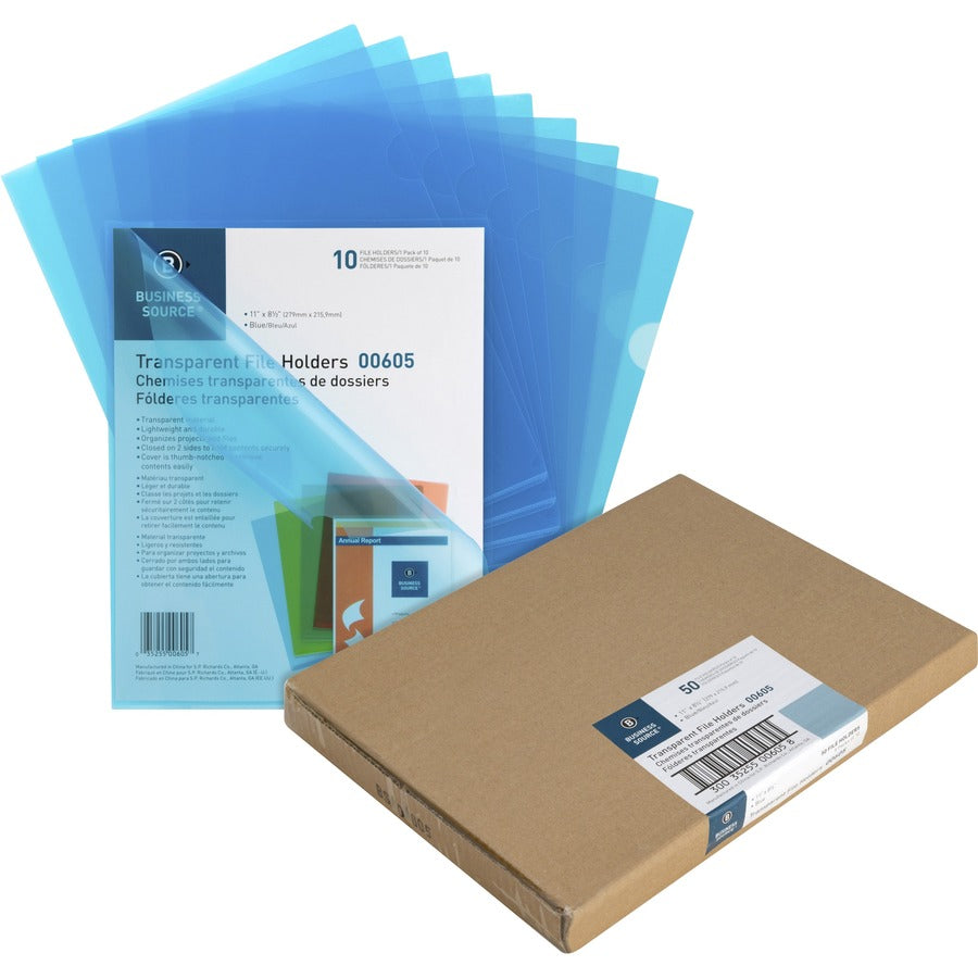 Business Source Letter File Sleeve - 8 1/2" x 11" - 20 Sheets Capacity - Blue - Water Resistant, Transfer Safe, Lightweight, Transparent - 10/Pack - 5 / Box