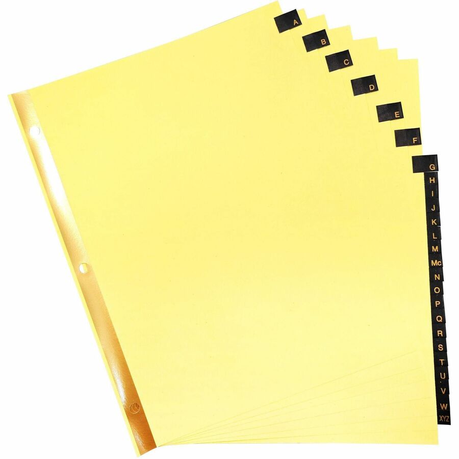 Business Source A-Z Black Leather Tab Index Dividers - 26 Printed Tab(s) - Character - A-Z - 8.5" Divider Width x 11" Divider Length - Letter - 3 Hole Punched - Buff Paper Divider - Black Leather Tab(s) - 20% - Heavy Duty, Reinforced Edges, Punched, Go...