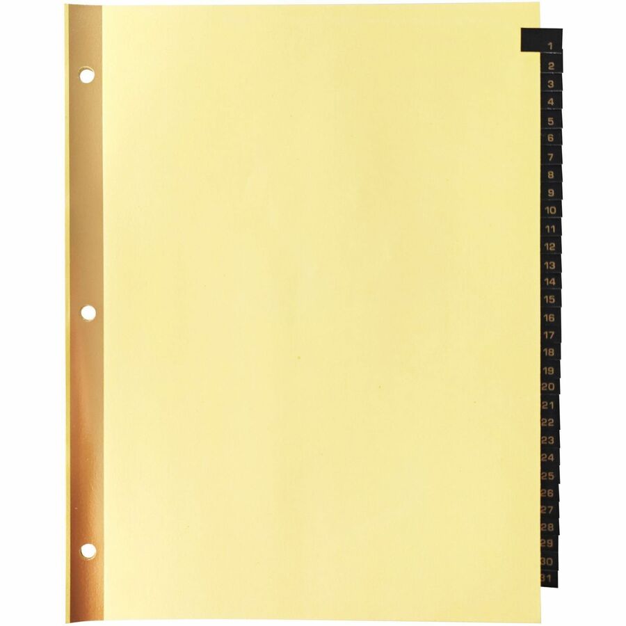 Business Source 1-31 Black Leather Tab Index Dividers - 31 Printed Tab(s) - Digit - 1-31 - 8.5" Divider Width x 11" Divider Length - Letter - 3 Hole Punched - Buff Paper Divider - Black Leather Tab(s) - 20% - Heavy Duty, Reinforced Edges, Punched, Gold...