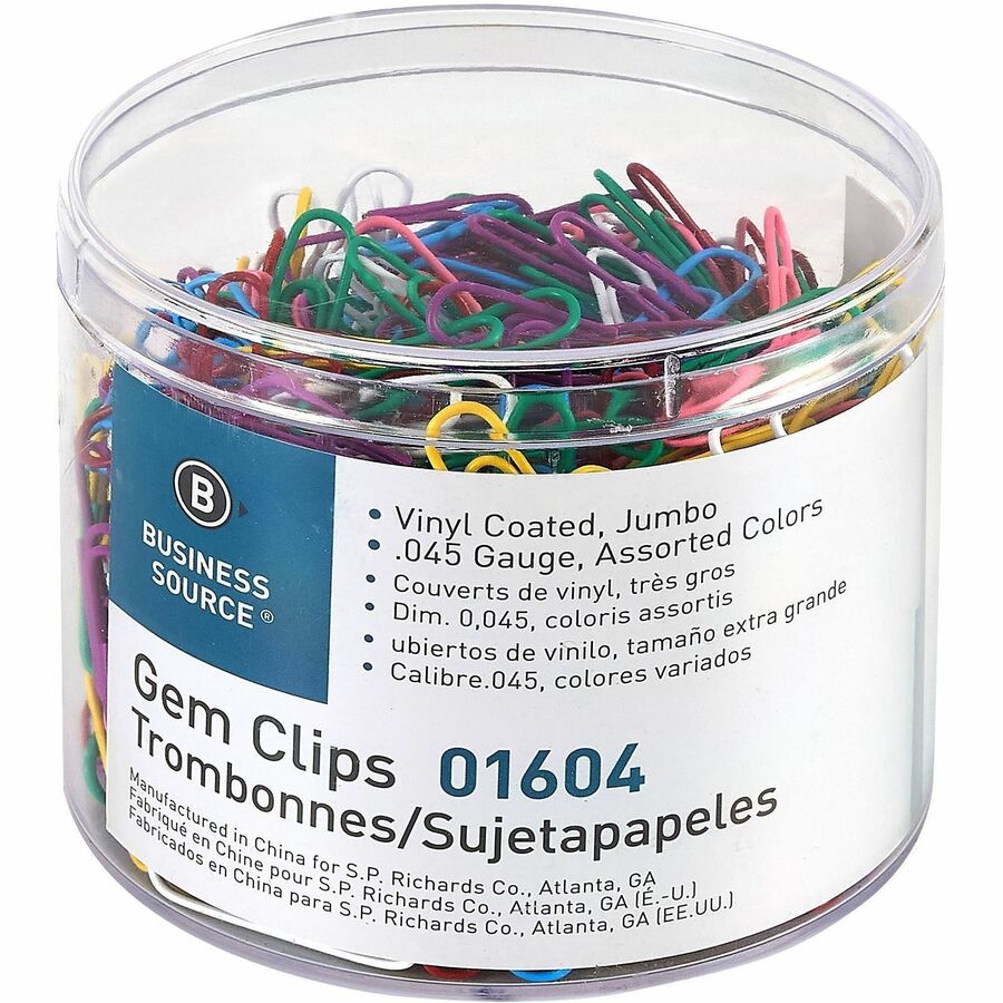Business Source Vinyl-coated Gem Clips - Jumbo - 2" Length x 0.5" Width - for Paper - Rust Resistant - Assorted - 250 / Box