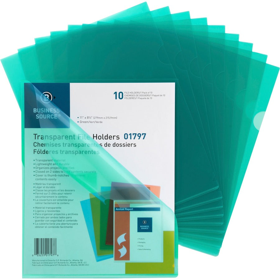Business Source Letter File Sleeve - 8 1/2" x 11" - 20 Sheets Capacity - Green - Water Resistant, Transfer Safe, Lightweight, Transparent - 10 / Pack