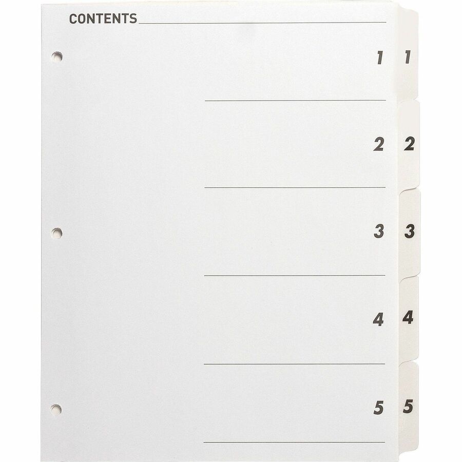 Business Source Table of Content Quick Index Dividers - Printed Tab(s) - Digit - 1-5 - 5 Tab(s)/Set - 8.5" Divider Width x 11" Divider Length - 3 Hole Punched - White Divider - White Mylar Tab(s) - Tear Resistant, Reinforced, Punched - 1 Set