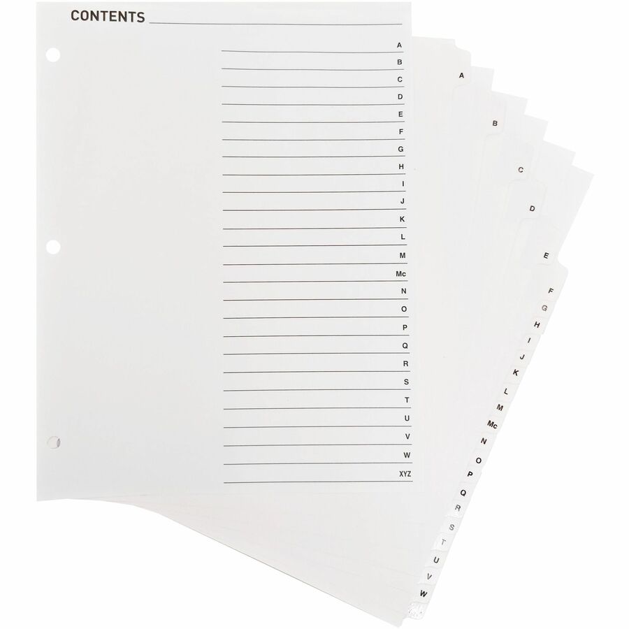 Business Source A-Z Tab Table of Contents Index Dividers - Printed Tab(s) - Character - A-Z - 25 Tab(s)/Set - 8.5" Divider Width x 11" Divider Length - Letter - 3 Hole Punched - White Divider - White Mylar Tab(s) - 1 Set
