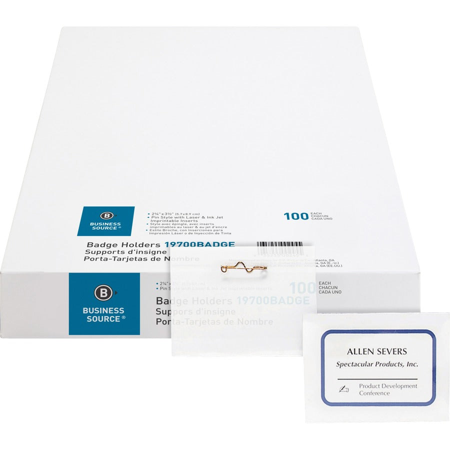 Business Source Pin Style Holder Name Badge Kit - Clear - 100 / Box