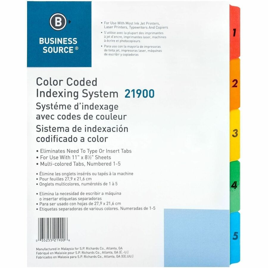 Business Source Table of Content Quick Index Dividers - Printed Tab(s) - Digit - 1-5 - 5 Tab(s)/Set - 8.5" Divider Width x 11" Divider Length - 3 Hole Punched - Multicolor Mylar Divider - Multicolor Mylar Tab(s) - 1 Set
