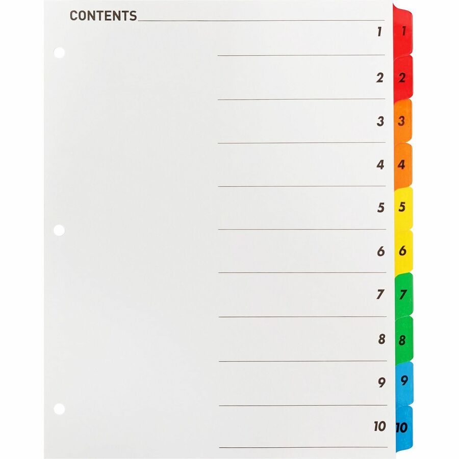 Business Source Table of Content Quick Index Dividers - Printed Tab(s) - Digit - 1-10 - 10 Tab(s)/Set - 8.5" Divider Width x 11" Divider Length - 3 Hole Punched - Multicolor Divider - Multicolor Mylar Tab(s) - 1 Set