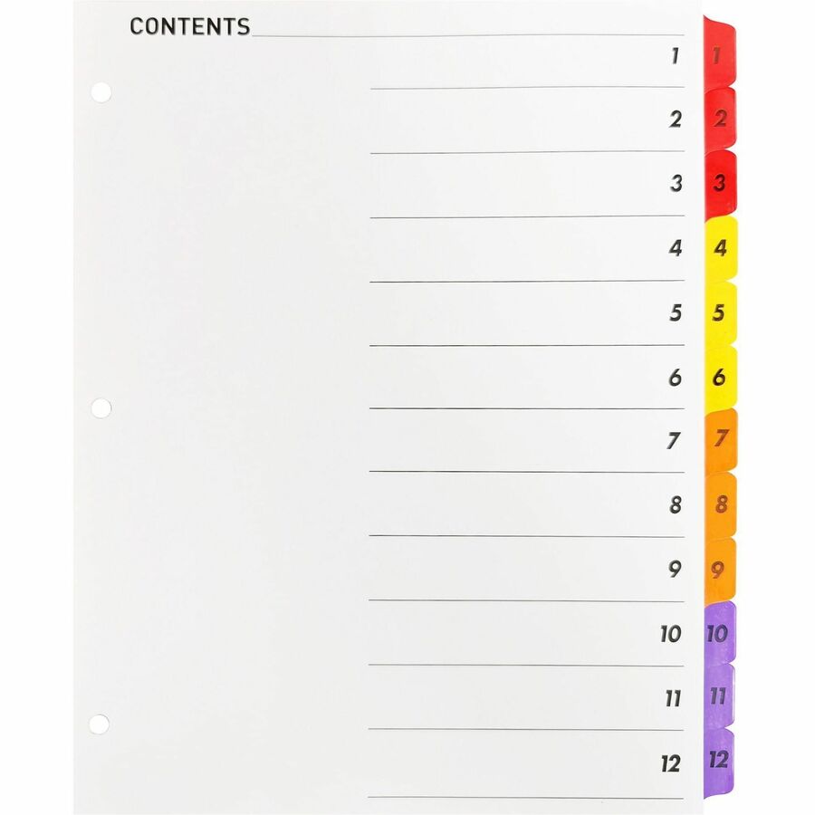 Business Source Table of Content Quick Index Dividers - Printed Tab(s) - Digit - 1-12 - 12 Tab(s)/Set - 8.5" Divider Width x 11" Divider Length - 3 Hole Punched - Multicolor Divider - Multicolor Mylar Tab(s) - 1 Set
