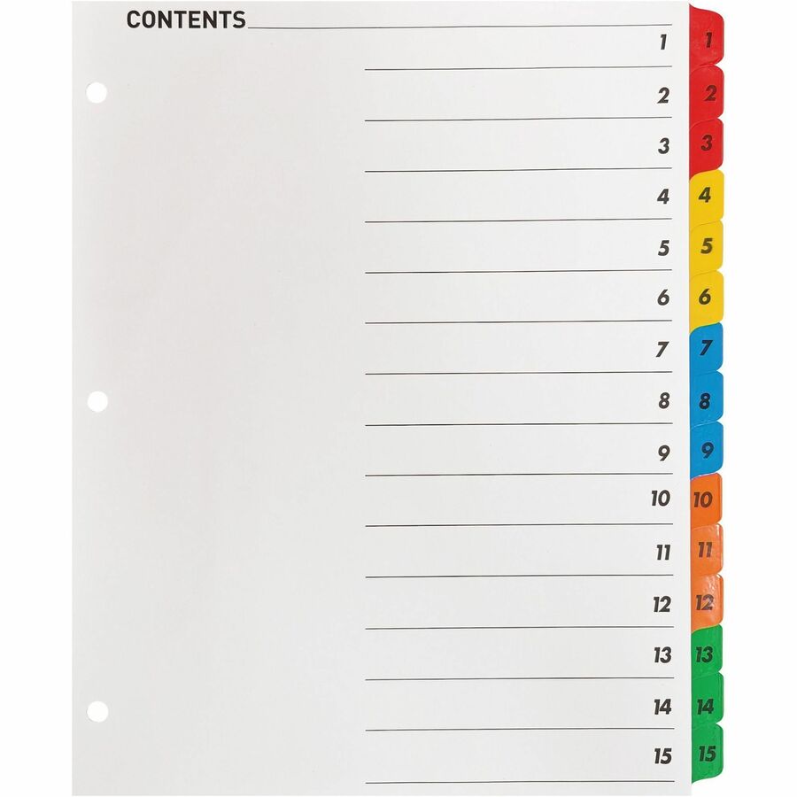 Business Source Table of Content Quick Index Dividers - Printed Tab(s) - Digit - 1-15 - 15 Tab(s)/Set - 8.5" Divider Width x 11" Divider Length - 3 Hole Punched - Multicolor Divider - Multicolor Mylar Tab(s) - 1 Set