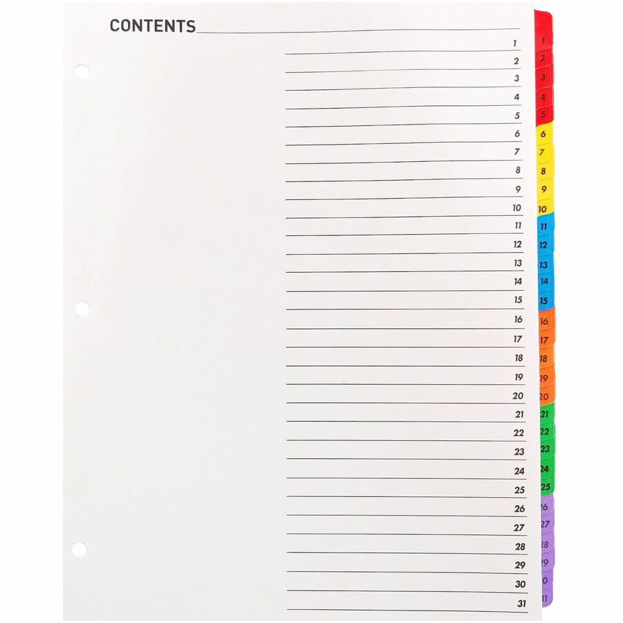 Business Source Table of Content Quick Index Dividers - Printed Tab(s) - Digit - 1-31 - 31 Tab(s)/Set - 8.5" Divider Width x 11" Divider Length - 3 Hole Punched - Multicolor Divider - Multicolor Mylar Tab(s) - 1 Set