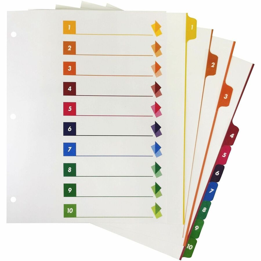 Business Source Color-coded Table of Contents/Tabs Index Dividers - Printed Tab(s) - Digit - 1-10 - 10 Tab(s)/Set - 3 Hole Punched - Multicolor Divider - Multicolor Mylar Tab(s) - Tear Resistant, Reinforced, Punched - 1 Box