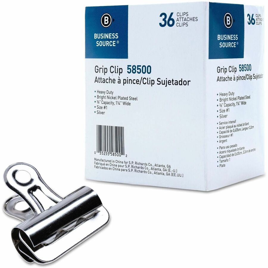 Business Source Bulldog Grip Clips - No. 1 - 1.3" Width - for Paper - Heavy Duty - Silver - 36 / Box