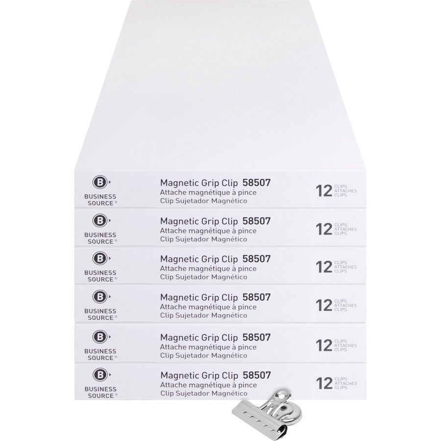 Business Source Magnetic Grip Clips Pack - No. 2 - 2.3" Width - for Paper - Magnetic, Heavy Duty - Silver - 12/Box - 6 / Bundle