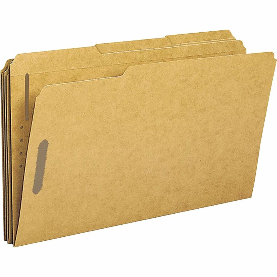 Business Source 1/3 Tab Cut Legal Recycled Fastener Folder - 8 1/2" x 14" - 2 Fastener - Top Tab Location - Assorted Tab Position - Kraft - 10% Recycled - 50 / Box