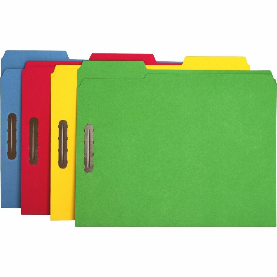 Business Source 1/3 Tab Cut Letter Recycled Fastener Folder - 8 1/2" x 11" - 3/4" Expansion - 2 Fastener - 2" Fastener Capacity - Top Tab Location - Assorted Tab Position - 11 pt. - Yellow, Blue, Green, Red - Sturdy, Durable, Reinforced Tab - 10% Recyc...