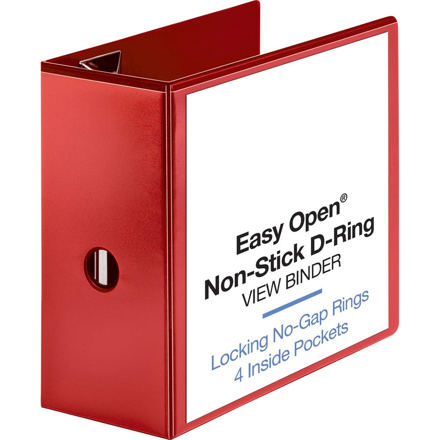 Business Source Red D-ring Binder - 5" Binder Capacity - Letter - 8 1/2" x 11" Sheet Size - Fastener: D-Ring - Pocket: 4 - Polypropylene - Red - Clear Overlay, Non-stick, Ink-transfer Resistant, Locking Ring - 1 Each