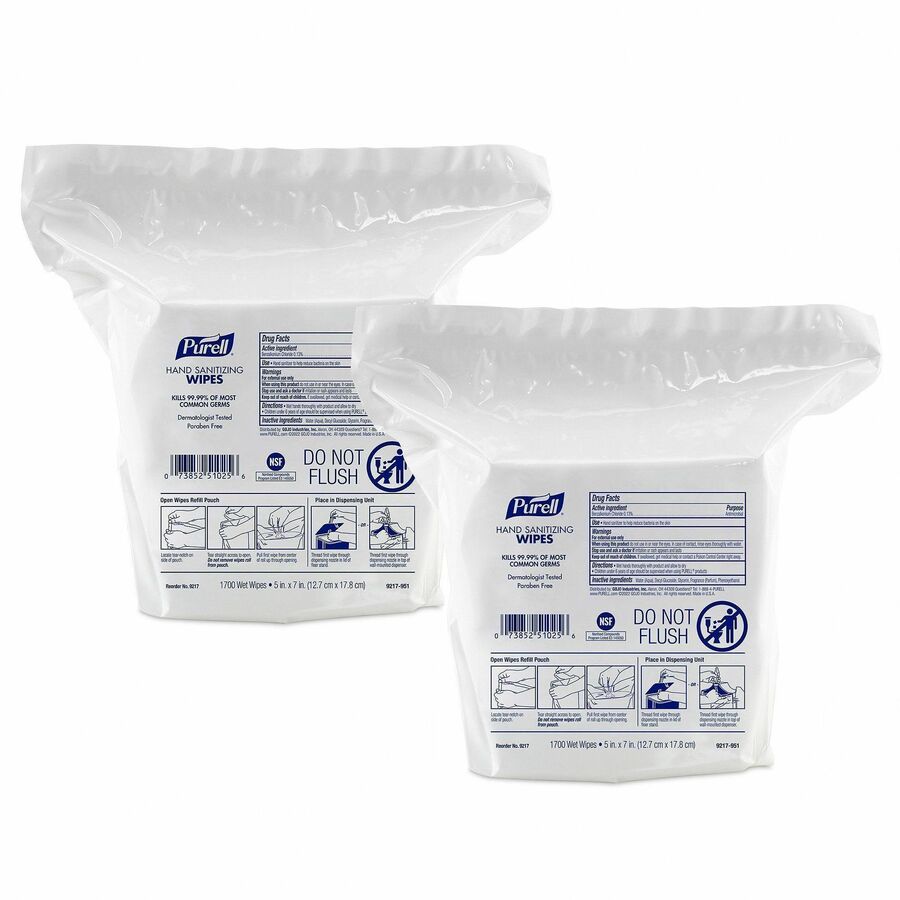 PURELL&reg, Hand Sanitizing Wipes Dispenser Refill - WhiteBag - 1700/Bag - 2 / Carton