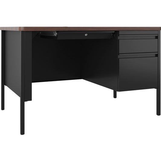 Lorell Fortress Series 48" Right-Pedestal Teachers Desk - 29.5" Height x 48" Width x 30" Depth - Single Pedestal on Right Side - T-mold Edge - Finish: Walnut Laminate - Durable, Scratch Resistant, Water Resistant, Stain Resistant, Lockable Drawer, Ball...