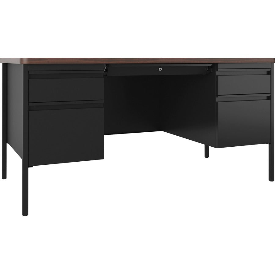 Lorell Fortress Series Double-Pedestal Teachers Desk - 29.5" Height x 60" Width x 30" Depth - Double Pedestal - T-mold Edge - Finish: Black Walnut - Durable, Scratch Resistant, Water Resistant, Stain Resistant, Lockable Drawer, Ball Bearing Slide, Cent...