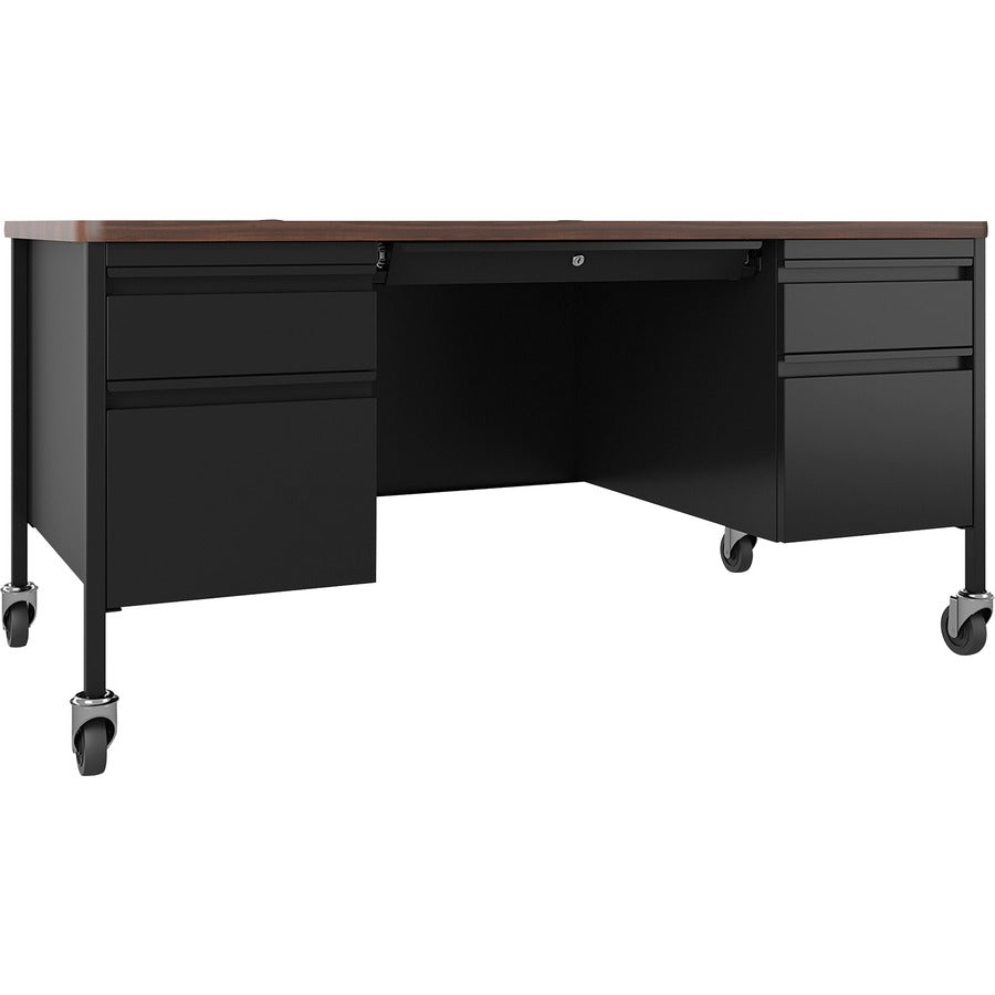 Lorell Fortress Series Mobile Double-Pedestal Teachers Desk - 29.5" Height x 60" Width x 30" Depth - Double Pedestal - T-mold Edge - Finish: Walnut Laminate - Durable, Scratch Resistant, Water Resistant, Stain Resistant, Lockable Drawer, Ball Bearing S...