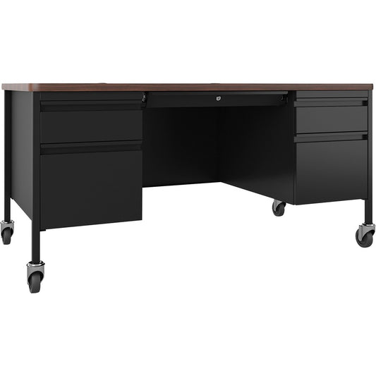 Lorell Fortress Series Mobile Double-Pedestal Teachers Desk - 29.5" Height x 60" Width x 30" Depth - Double Pedestal - T-mold Edge - Finish: Walnut Laminate - Durable, Scratch Resistant, Water Resistant, Stain Resistant, Lockable Drawer, Ball Bearing S...