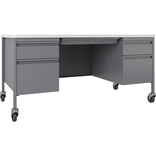 Lorell Fortress Series Mobile Double-Pedestal Teachers Desk - 29.5" Height x 60" Width x 30" Depth - Double Pedestal - T-mold Edge - Finish: Gray - 1 Each