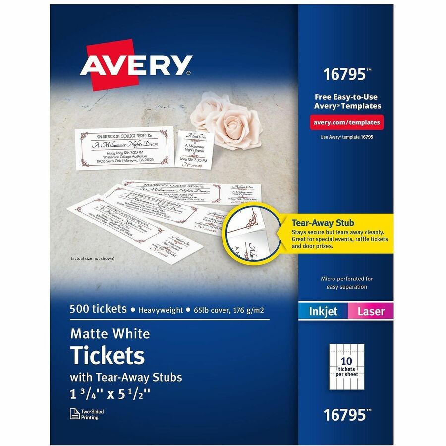 Avery&reg, Blank Printable Perforated Raffle Tickets - Tear-Away Stubs - Matte White - 500 / Pack