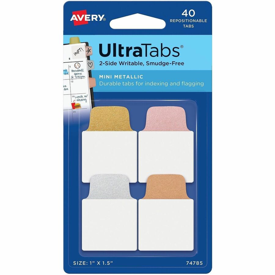 Avery&reg, UltraTabs Metallic Color 2-sided Mini Tabs - 40 Tab(s) - 1.50" Tab Height x 1" Tab Width - Removable - Clear Film, Gold Paper, Rose Gold, Copper Tab(s) - PVC-free, Repositionable, Sturdy, Durable, Reusable - 40 / Pack