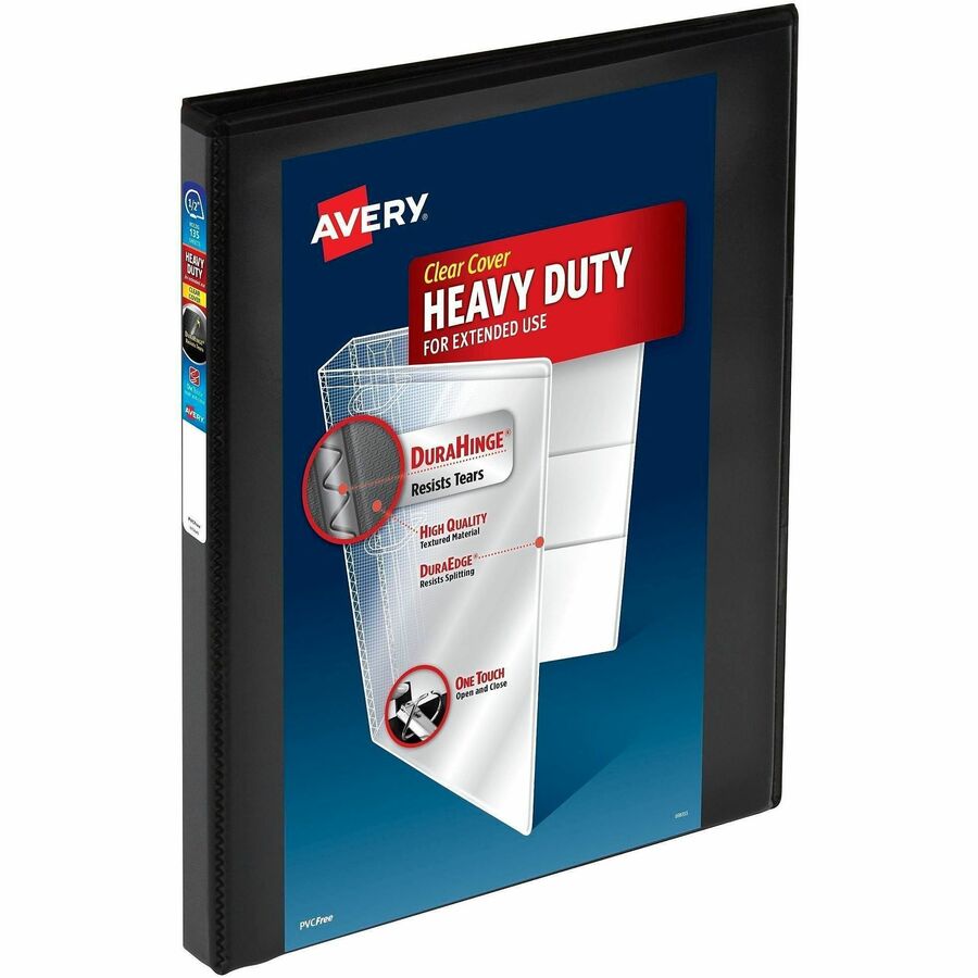 Avery&reg, Heavy-Duty View Binders, 0.5" Slant Rings - 1/2" Binder Capacity - Letter - 8 1/2" x 11" Sheet Size - 135 Sheet Capacity - 45/64" Spine Width - 135 x 0.50" Ring - Fastener: Slant Ring - Pocket: 4, Internal - Polypropylene - Black - Adhesive...