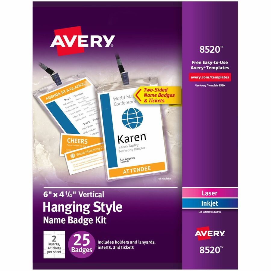 Avery&reg, Vertical Name Badges with Tickets Kit for Laser and Inkjet Printers, 4-1/4" x 6" - Plastic - White, Black - 25 / Pack