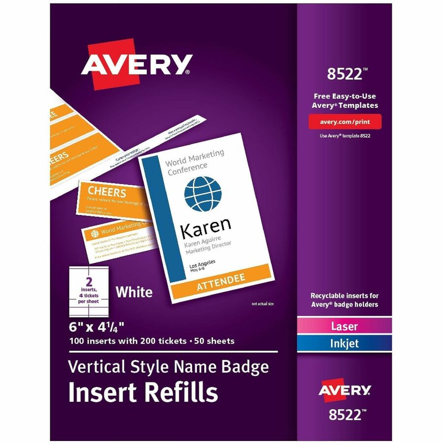 Avery&reg, Vertical Name Badge and Ticket Insertsfor Laser and Inkjet Printers - Print/Message - "Vertical, Portrait - 4.3" Width x 6" Height - Rectangular Shape - Double Sided - Micro Perforated, Printable, Insertable, Printable, Easy to Use, Laminate...