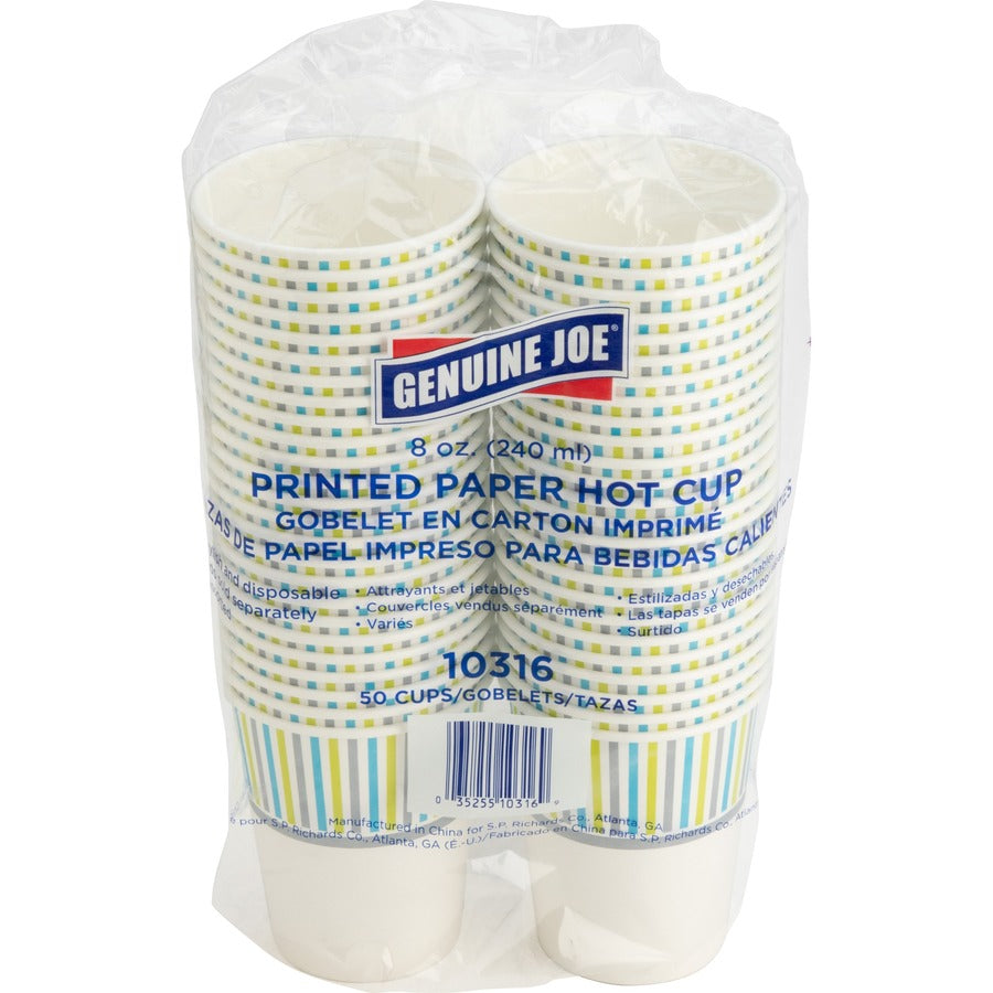 Genuine Joe 8 oz Hot Beverage Cups - 8 fl oz - Assorted - Paper - Hot Chocolate, Cappuccino, Tea, Coffee, Beverage - 50 / Pack