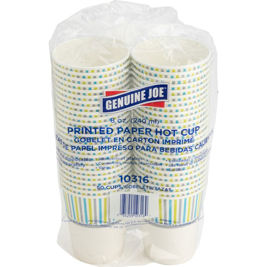 Genuine Joe 8 oz Hot Beverage Cups - 8 fl oz - Assorted - Paper - Hot Chocolate, Cappuccino, Tea, Coffee, Beverage - 50 / Pack
