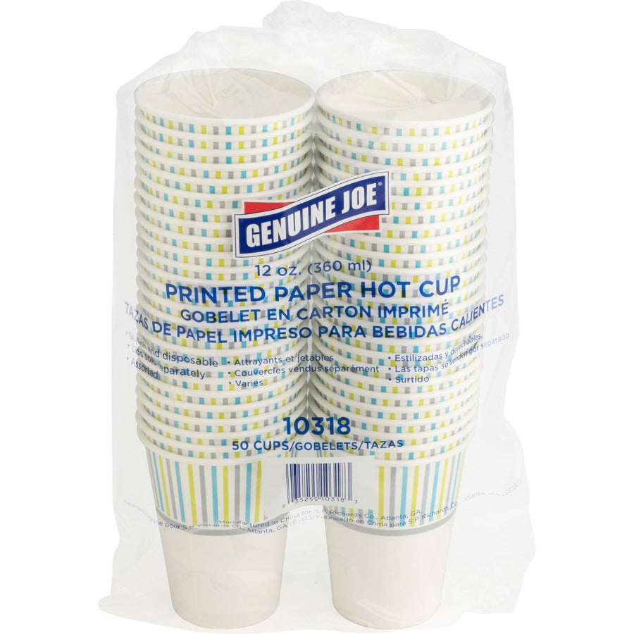 Genuine Joe 12 oz Hot Beverage Cups - 12 fl oz - Assorted - Paper - Hot Chocolate, Cappuccino, Tea, Coffee, Beverage - 50 / Pack